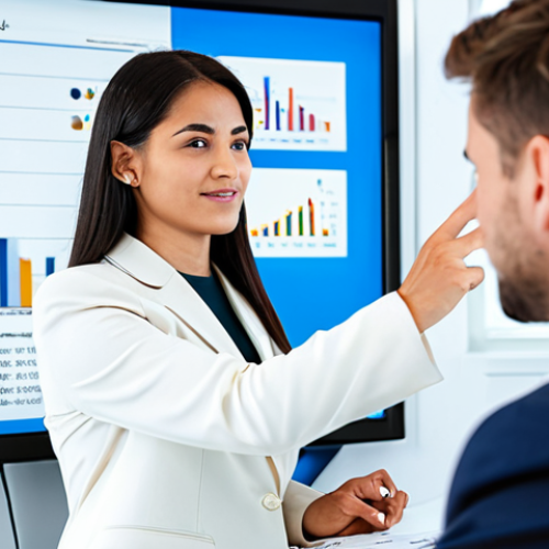 Home 6 A professional financial advisor, fully clothed in a modest business suit, is engaged in a personalized consultation with a client in a modern, brightly lit office. The advisor is gesturing towards a large digital screen displaying various financial charts and graphs, indicating comprehensive asset management strategies. The client listens attentively. The setting conveys trust and clarity. Perfect anatomy, correct proportions, natural pose, well-formed hands, proper finger count, natural body proportions. Professional photography, high resolution, soft lighting, appropriate attire, safe for work, appropriate content, family-friendly, professional.